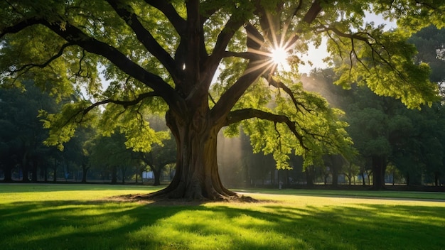 Sunlight pierces through a large tree by an empty park bench