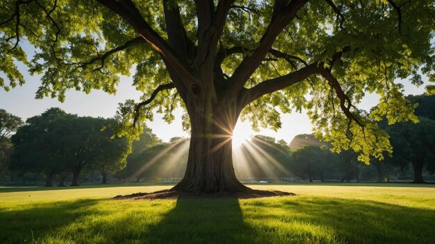 Sunlight pierces through a large tree by an empty park bench