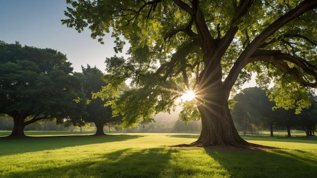 Sunlight pierces through a large tree by an empty park bench