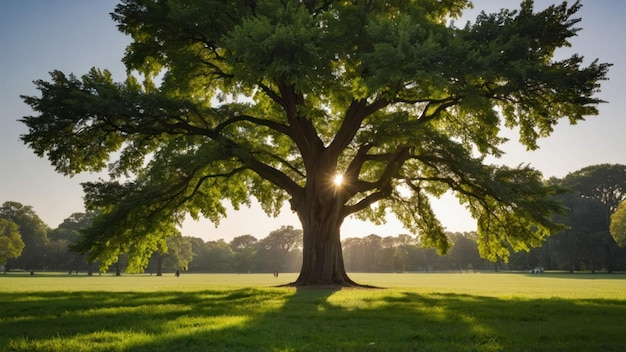 Sunlight pierces through a large tree by an empty park bench