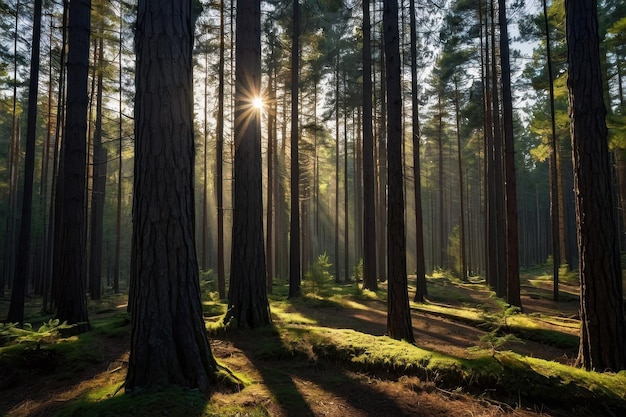 Sunlight piercing through forest trees