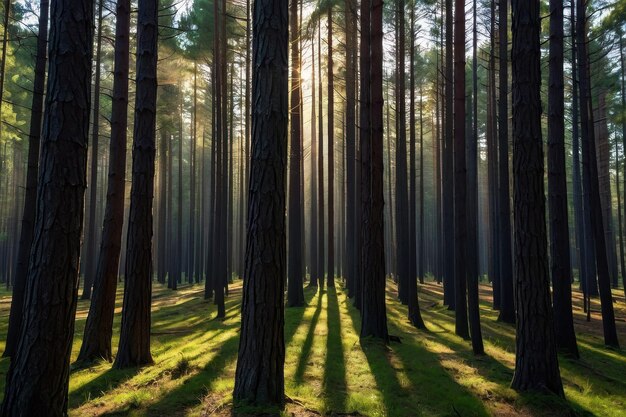 Sunlight piercing through forest trees