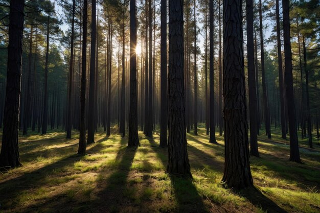 Sunlight piercing through forest trees