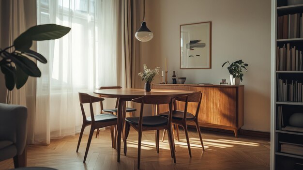 Sunlight pours into a cozy dining area filled with classic furniture and elegant decor