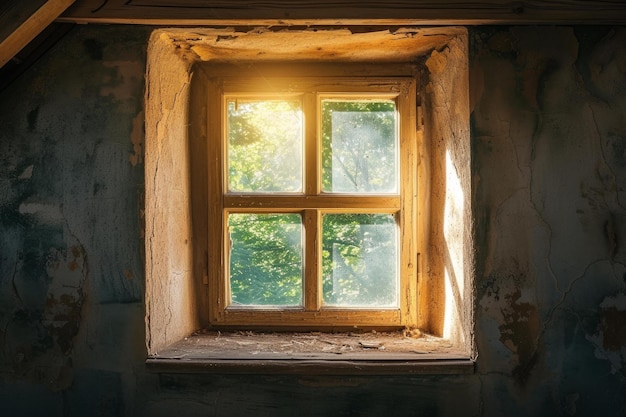 Sunlight radiating through vintage window in abandoned room