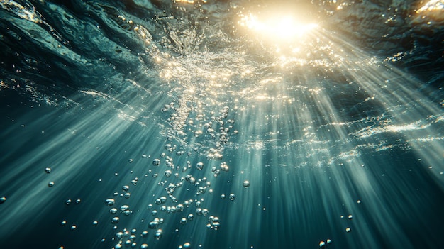 Photo sunlight rays and air bubbles underwater