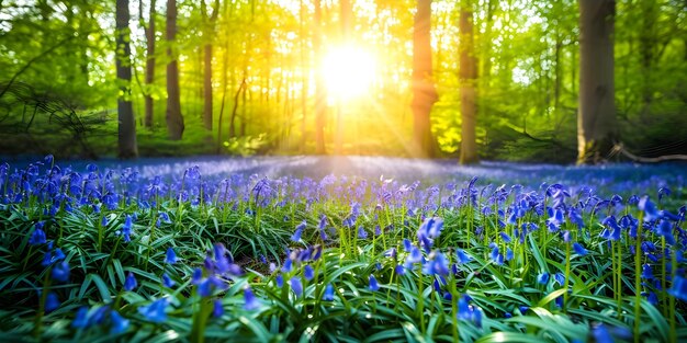 Sunlight shines through trees highlighting the tranquil woodland glade filled with bluebells Concept Nature Sunlight Trees Bluebells Tranquility