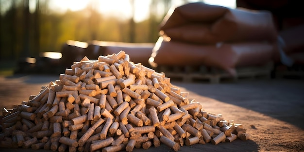 Sunlight shining on biomass briquettes wood pellets and firewood pile Concept Renewable Energy Sustainable Fuel Sources Biomass Briquettes Wood Pellets Firewood pile