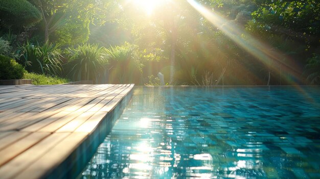 Photo sunlight shining down on a serene pool area with woo ai generated illustration