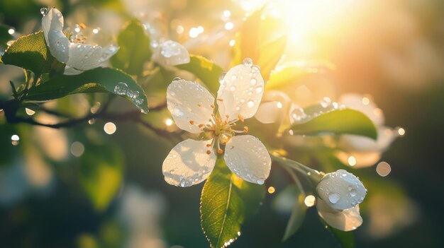 Photo sunlight shining through blossoms and green leaves dew drops sparkling like diamonds