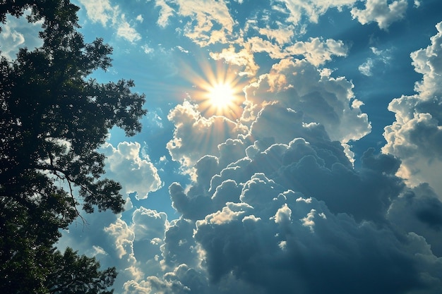 a sunlight shining through blue sky with rimmed clouds in the style of precisionist warmcore