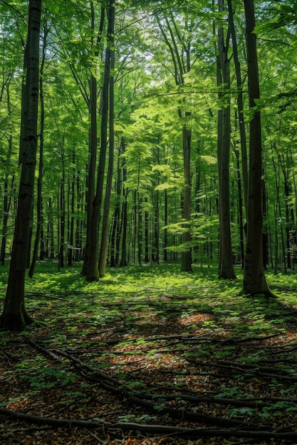 Photo sunlight shining through canopy of tall trees in green lush forest