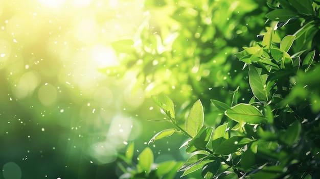 Sunlight shining through fresh green leaves with bokeh effect