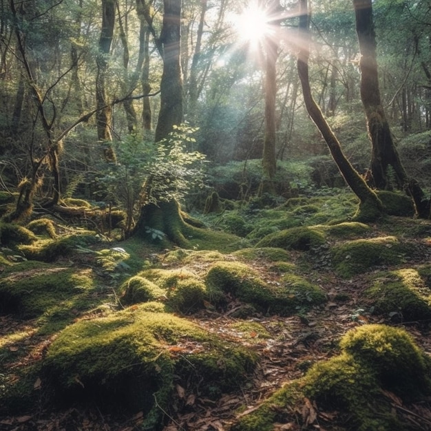 sunlight shining through the trees in a forest filled with moss generative ai