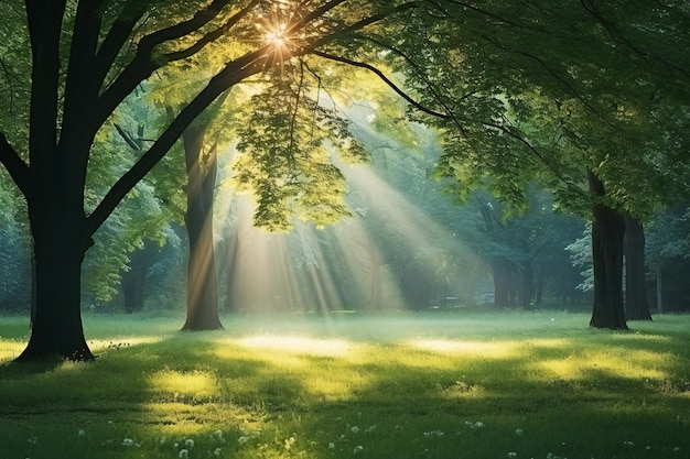 Sunlight shining through the trees in the park Nature background