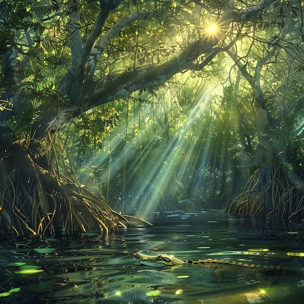 sunlight shining through the trees in a swamp with water lillies generative ai