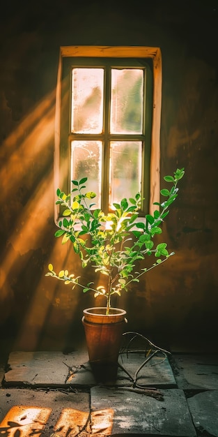 Sunlight shining through a window onto a potted plant