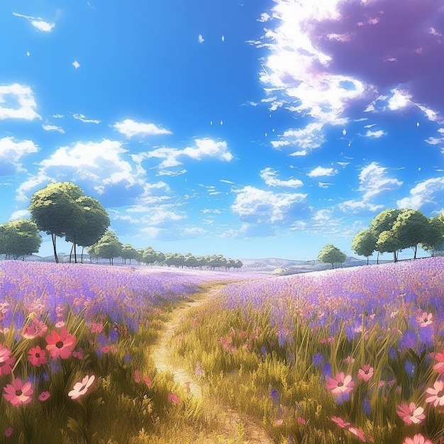 Sunlight sky anime beautiful flowers garden field bright Generative AI