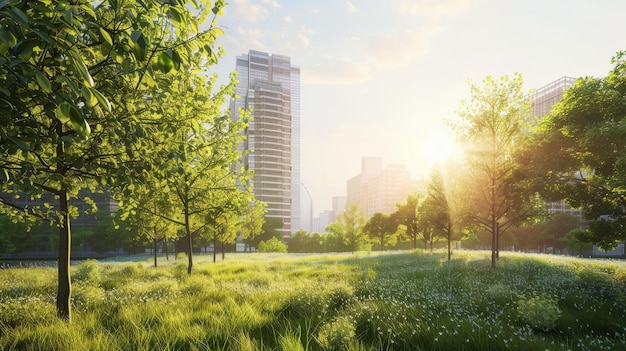 Sunlight spills over a lush city park with tall buildings in the background blending urban and natural beauty