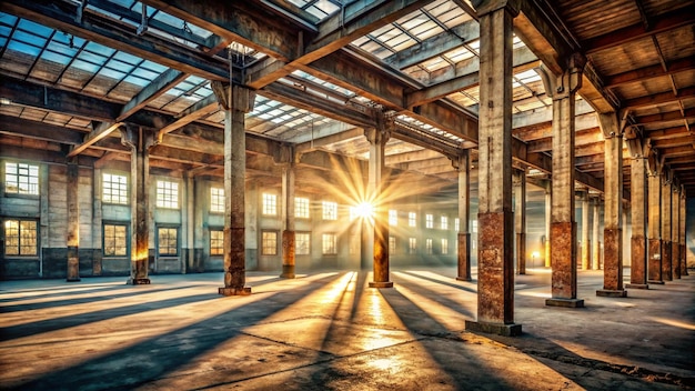 Photo sunlight streaming into empty rustic warehouse with exposed support columns