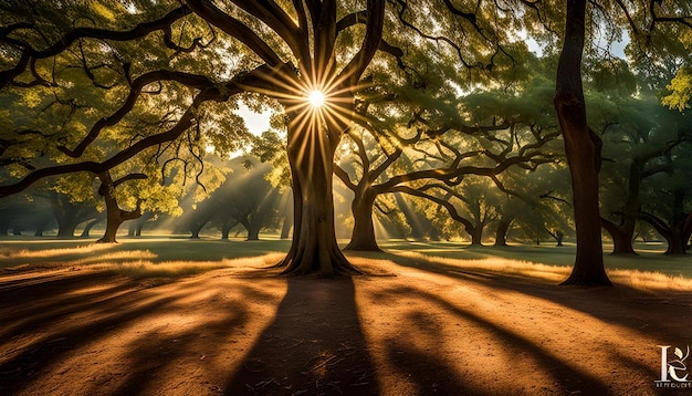 Sunlight streaming through a canopy of oak trees