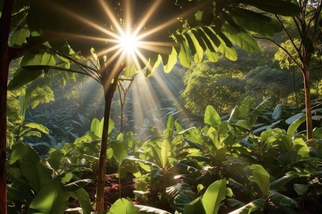 Sunlight streaming through coffee plantation leaves created with generative ai