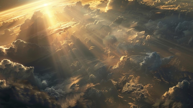 Sunlight streaming through gaps in the clouds creating a breathtaking display of light and shadow on the earth below