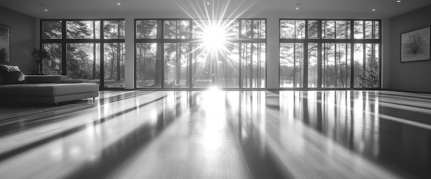 Photo sunlight streaming through large windows in a modern home