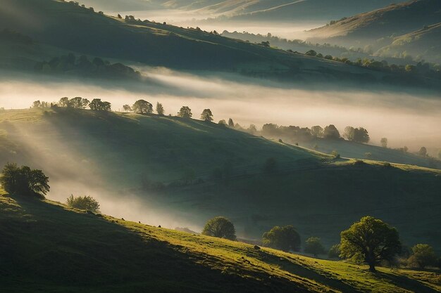 Sunlight streaming through a misty valley