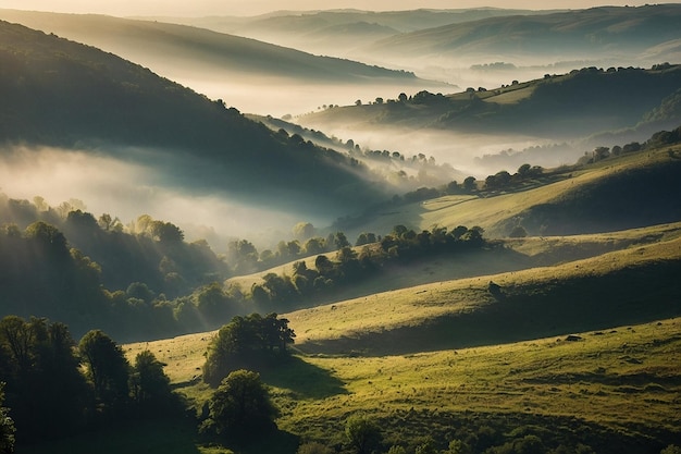 Sunlight streaming through a misty valley