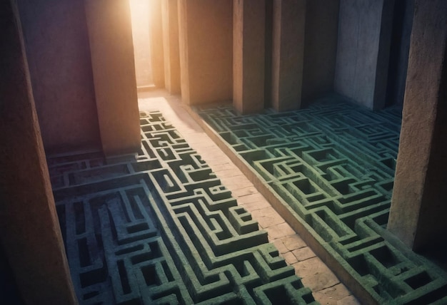 Sunlight Streaming Through a Narrow Passage in a Maze at Dusk