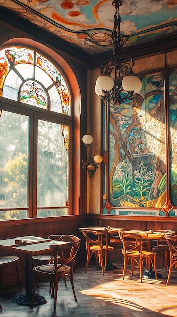 Sunlight Streaming Through Stained Glass Windows in an Art Nouveau Cafe