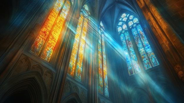 Sunlight Streaming Through Stained Glass Windows in a Cathedral