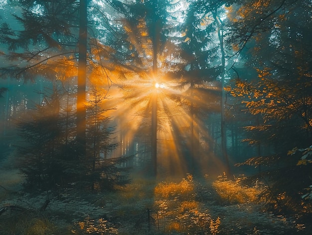 Sunlight streaming through trees in a misty forest at dawn