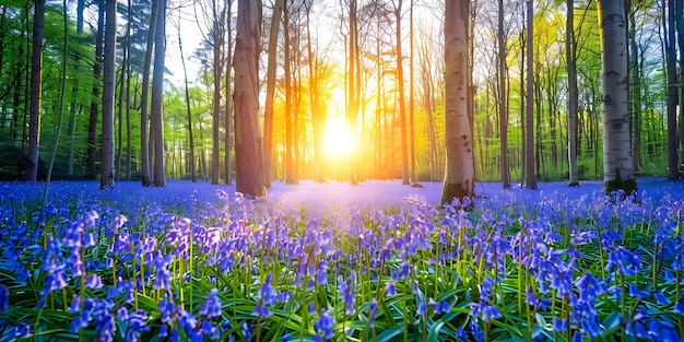 Sunlight streaming through trees onto bluebellcovered forest floor in tranquil woodland glade Concept Nature Photography Bluebell Woods Sunlight Filters Through Trees Tranquil Forest Glade