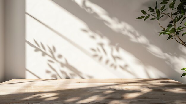 Sunlight streaming through window casting leaf shadows on empty wooden table and white wall Concept of nature minimalism product display and background