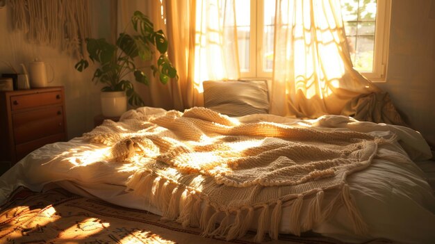 Sunlight Streaming through the Window Onto a Bed