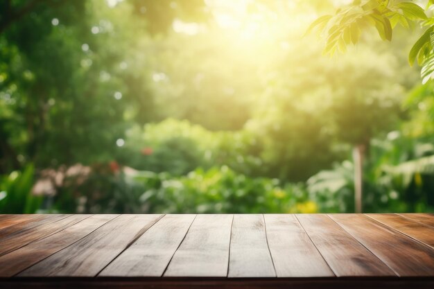 Sunlight streaming through window onto wood table top inside house with blurred green garden in back