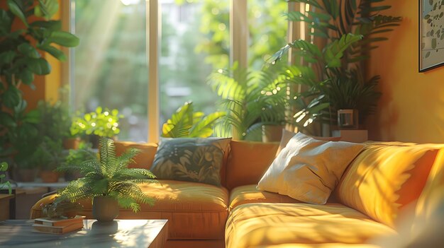 Sunlight Streaming Through Window onto Yellow Sofa with Plants 3D Illustration