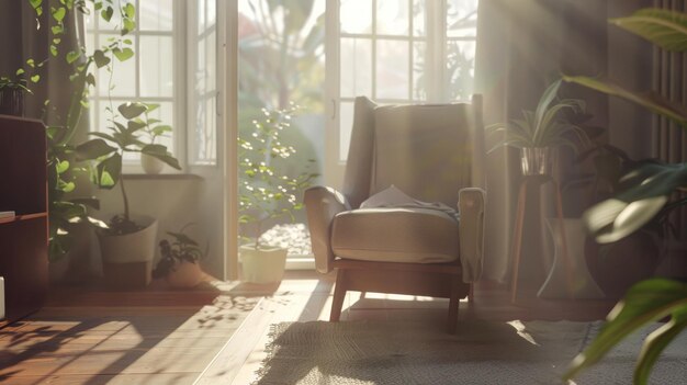 Photo sunlight streams into a cozy room with plants and an armchair creating a serene and inviting natureinfused sanctuary for relaxation