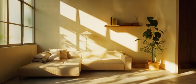 Photo sunlight streams into a minimalist living room casting shadows on a beige sofa plants and wooden features