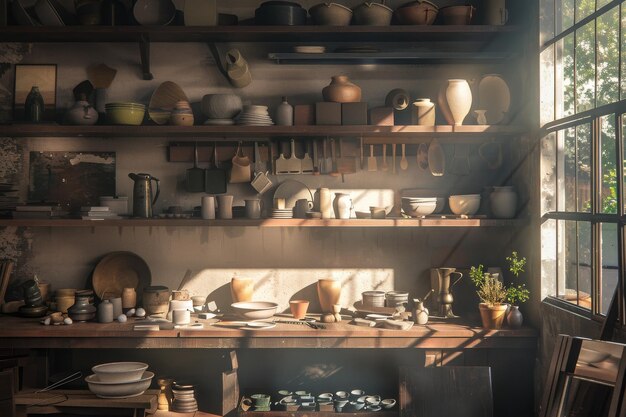 Sunlight streams into a rustic kitchen filled with vintage pottery and various kitchenware creating a warm inviting atmosphere