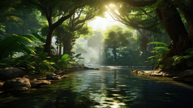 Photo sunlight streams through the canopy of a lush jungle illuminating a calm river flowing through the dense foliage