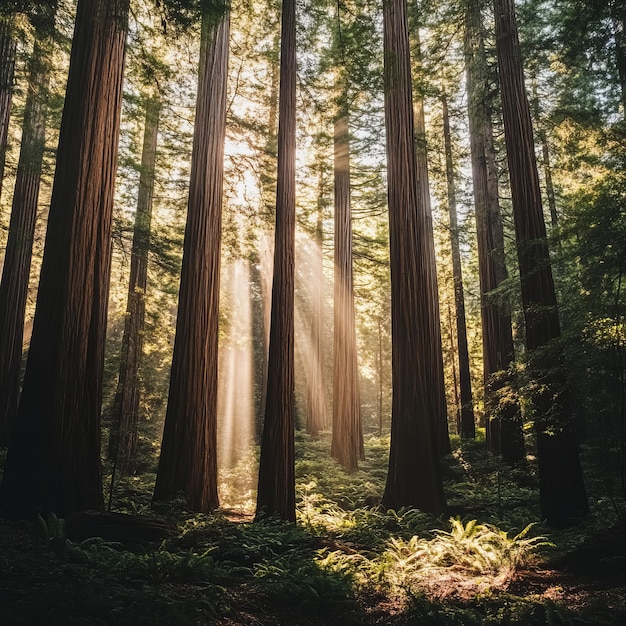 Photo sunlight streams through the canopy of a redwood forest illuminating the towering trees