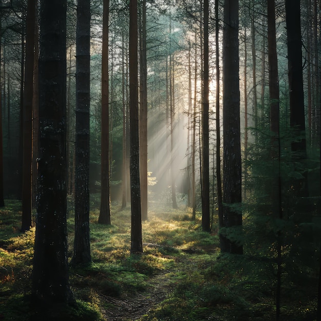 Photo sunlight streams through a dense forest illuminating the forest floor with a soft glow