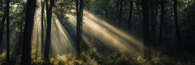 Sunlight streams through a dense forest illuminating the trees and creating a mystical atmosph