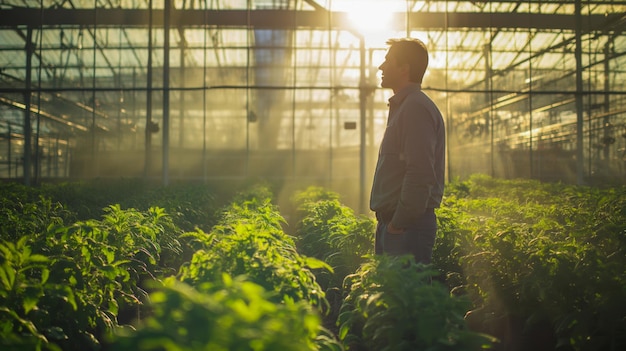 Sunlight streams through large windows illuminating a farmer standing