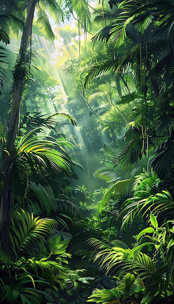 Sunlight streams through lush tropical rainforest foliage