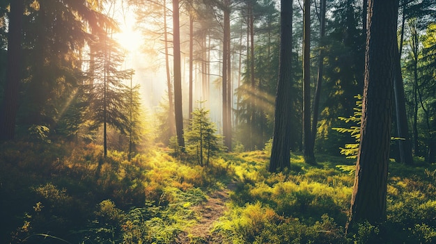 Sunlight streams through a tranquil forest illuminating the underbrush