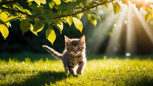 Photo sunlight streams through tree leaves illuminating playful kitten on grass